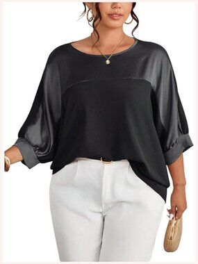 Plus Size Tunic Top Metallic 3/4 Sleeve Crew Neck Blouse